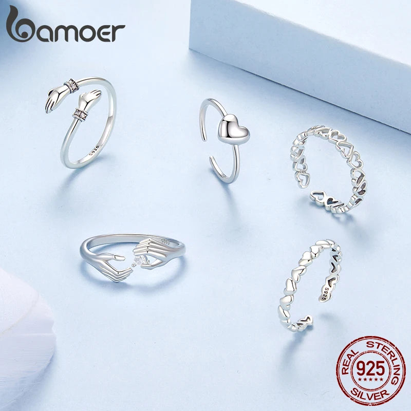 Bamoer Original 925 Sterling Silver Heart Hug Ring Love Star Open Rings Simple  For Women Anniversary Party Gift Fine Jewelry