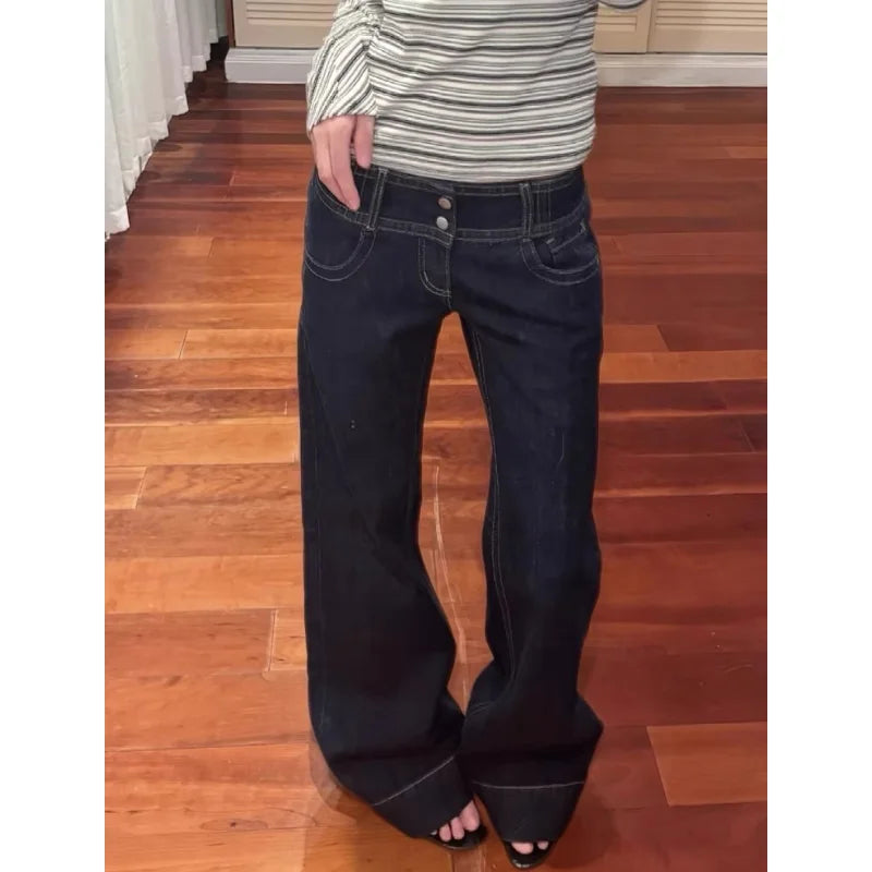 Women's American Blue Button Design Jeans Low Waist Straight Leg Loose Wide Leg Drapey Long Pants Y2K Style Slimming Denim