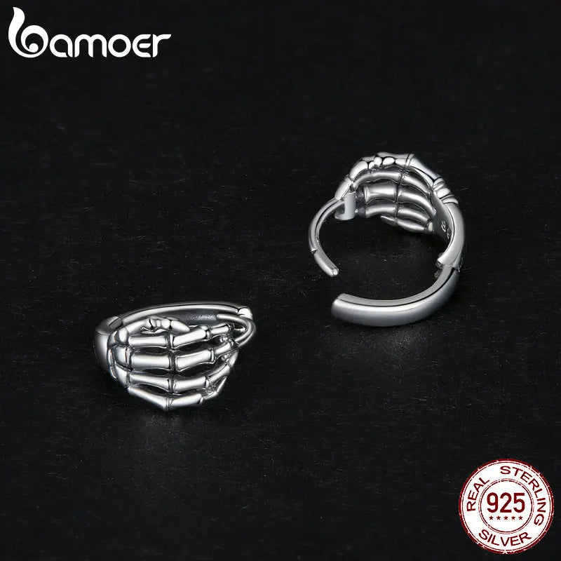BAMOER Skull Hand Hug Ring Earrrings, 925 Sterling Silver Vintage Hug Jewellry for Women Retro Fine Jewelry Birthday Gift